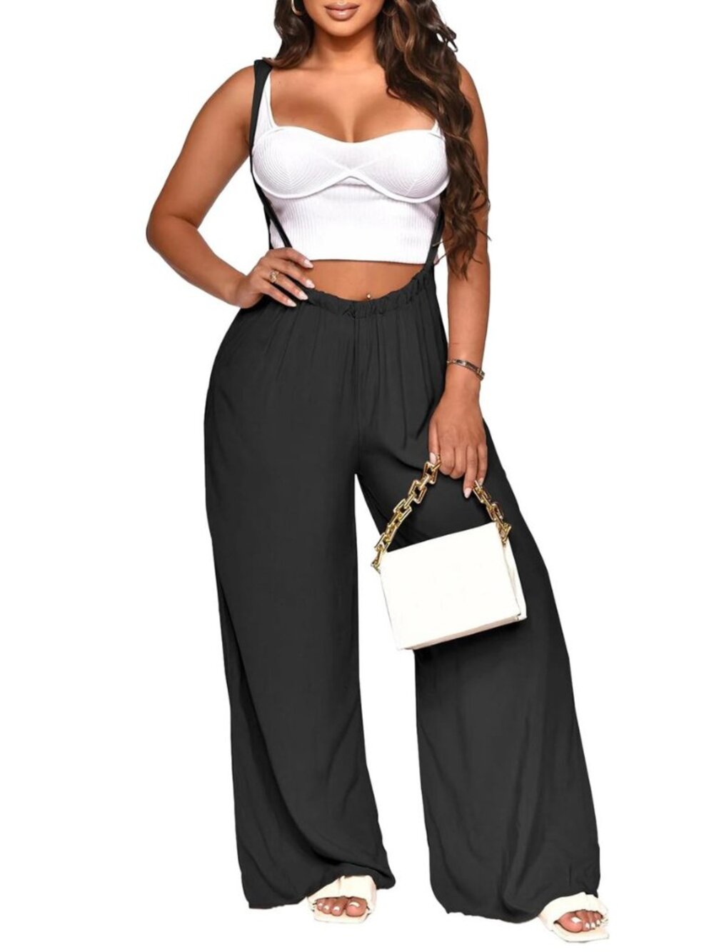 Womens Jumpsuit Adjustable Strap Wide Leg Overalls Summer